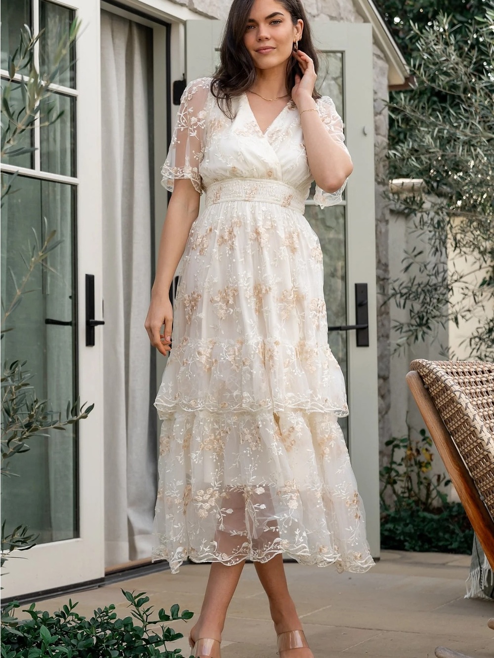 Baltic Born Creamy-Yellow and Gold Embroidered Lace Tiered Midi Dress